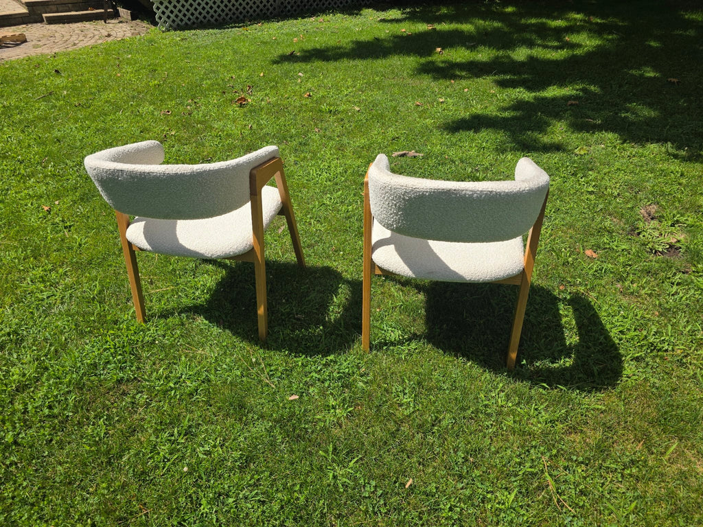 Ivory boucle dining chairs, pair, back