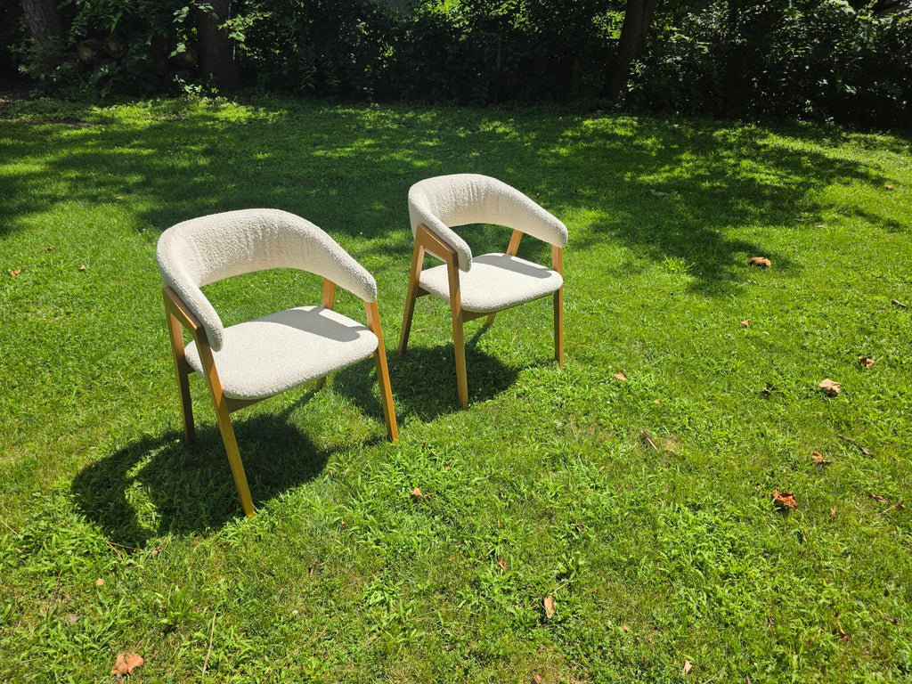 Ivory boucle dining chairs, pair, front