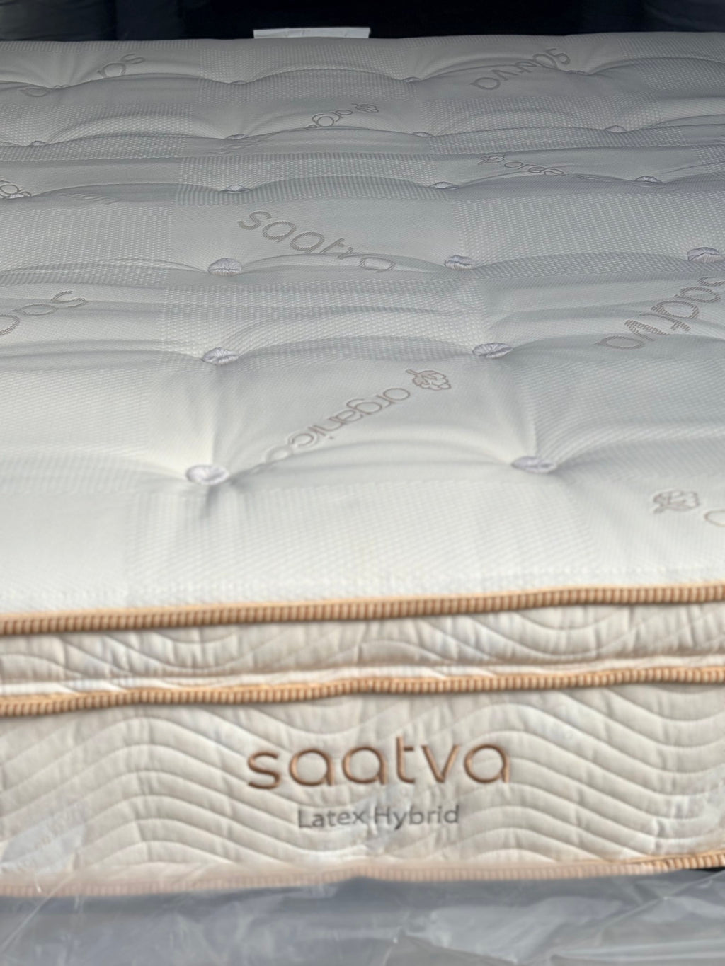Saatva Latex Hybrid top and logo