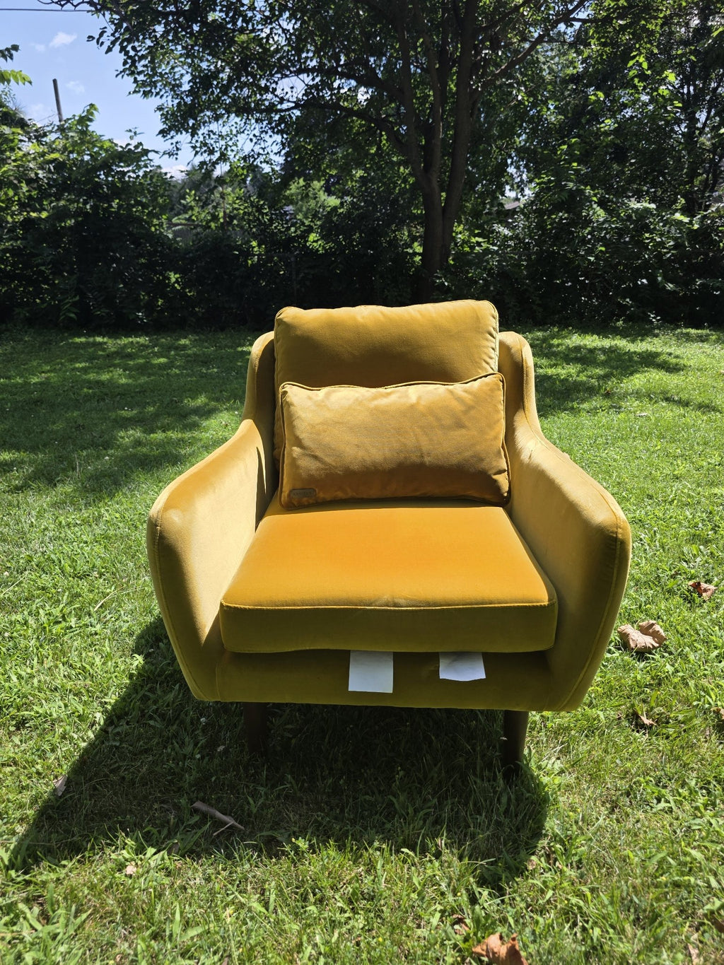 Gold velvet accent chair with matching pillow, front