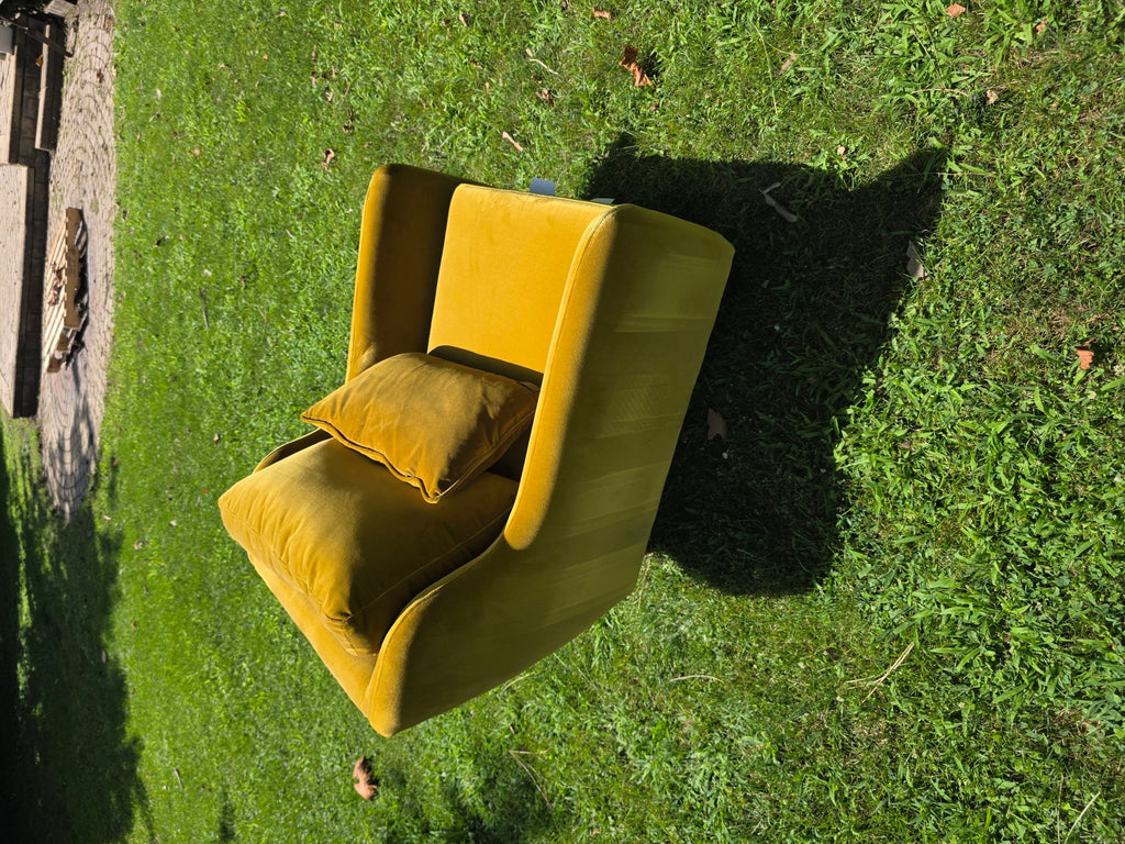 Gold velvet accent chair with pillow, top view
